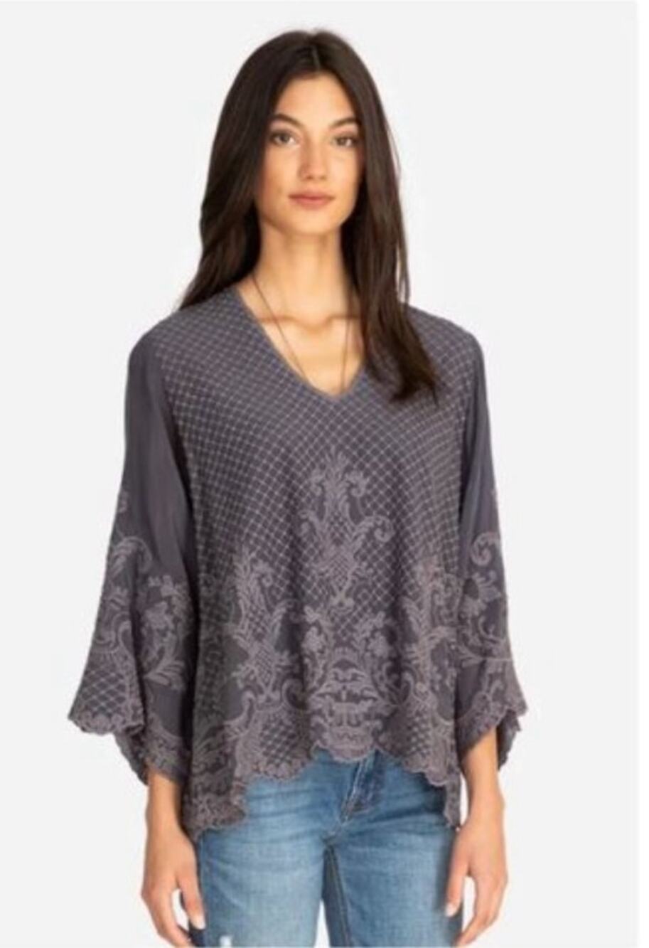 Johnny Was Jayne Top embroidered rayon blouse S Gray Boho Chic Lagenlook Luxury